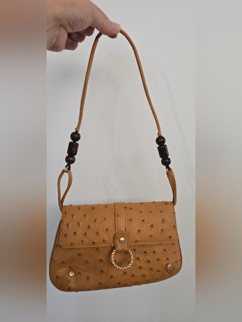 Lorenzi Milano Tan Shoulder Bag with Bead Accent and Gold Ring
